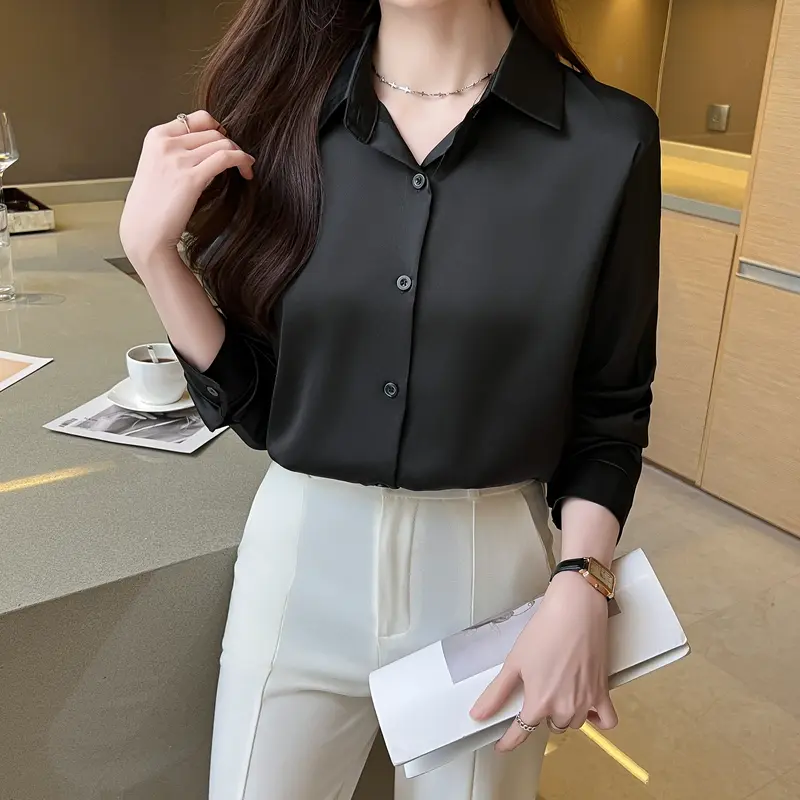 เสื้อเชิ้ต แขนยาว ผ้าซาติน สไตล์ฝรั่งเศส สำหรับผู้หญิง ดีไซน์ใหม่ เสื้อเชิ้ตทางการ เสื้อเรียบหรู ทรงหลวม พลัสไซส์ เสื้อสีแดง