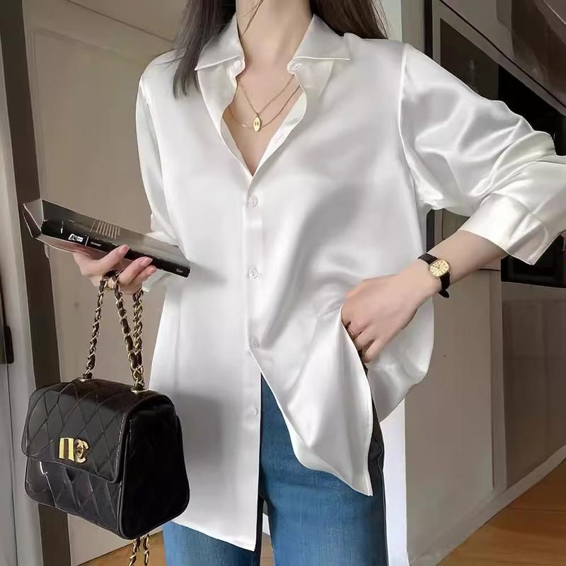 【ส่งจากไทย】ส่งเร็ว เสื้อเชิ้ตแขนยาวผ้าซาติน เสื้อเบลาส์สำหรับผู้หญิงสไตล์เกาหลี เสื้อแขนยาวคอปกแฟชั่นผู้หญิง ใส่สวย ดูแพง ผ้าดีใส่สบาย สีพื้น มีหลายสีให้เลือก เสื้อเชิ้ตสีดำ S-2XL