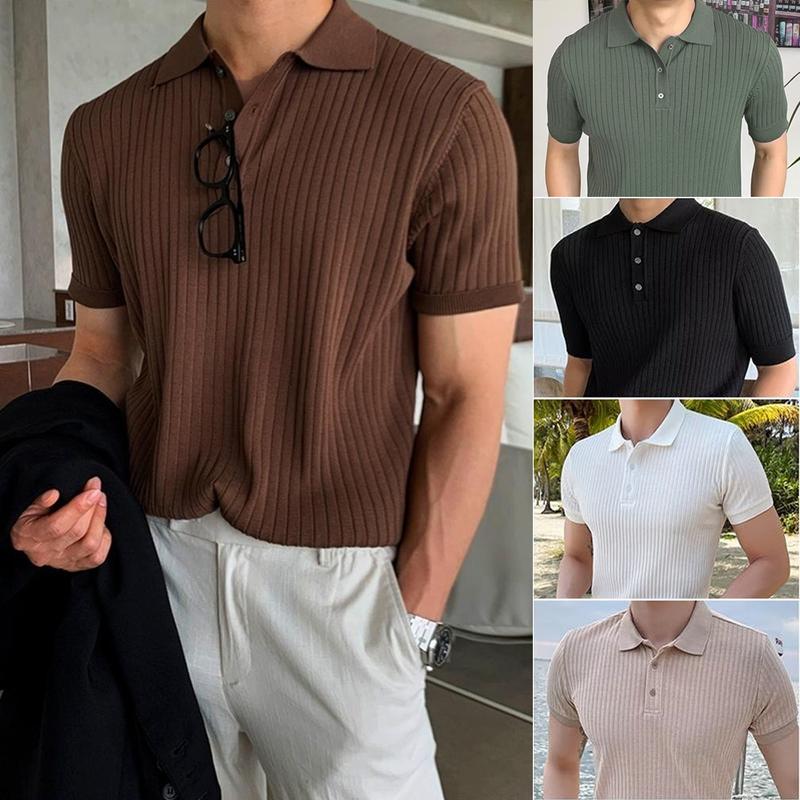 เสื้อโปโลแขนสั้นผู้ชาย แฟชั่น เนื้อลายทางลำลอง สีพื้น unisex คุณภาพสูง มี 8 สีให้เลือก ได้แก่ ดำ น้ำตาล สีกากี ขาว เขียว เทา ทรงสลิมฟิต เสื้อยืดแขนสั้น