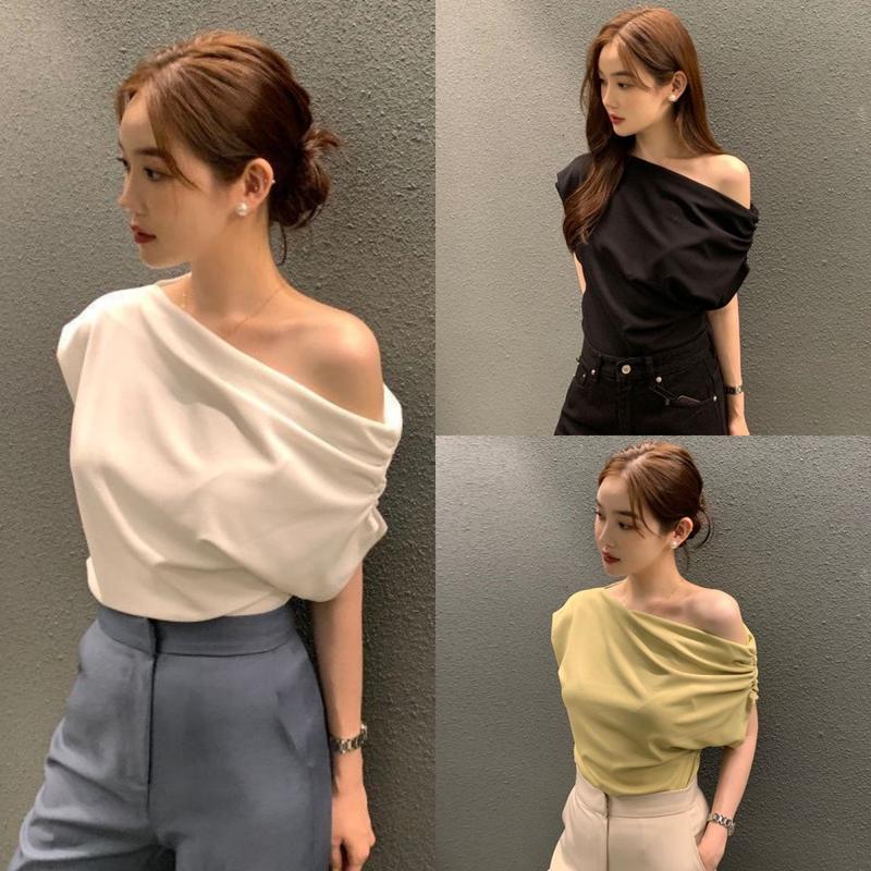 SunnyGirl-เสื้อยืด ดูผอม เหมาะกับใส่ทำงาน พร้อมส่ง แขนสั้น สีพื้น เปิดไหล่ ผ้านิ่ม ผู้หญิง สไตล์เกาหลี ใส่สบาย