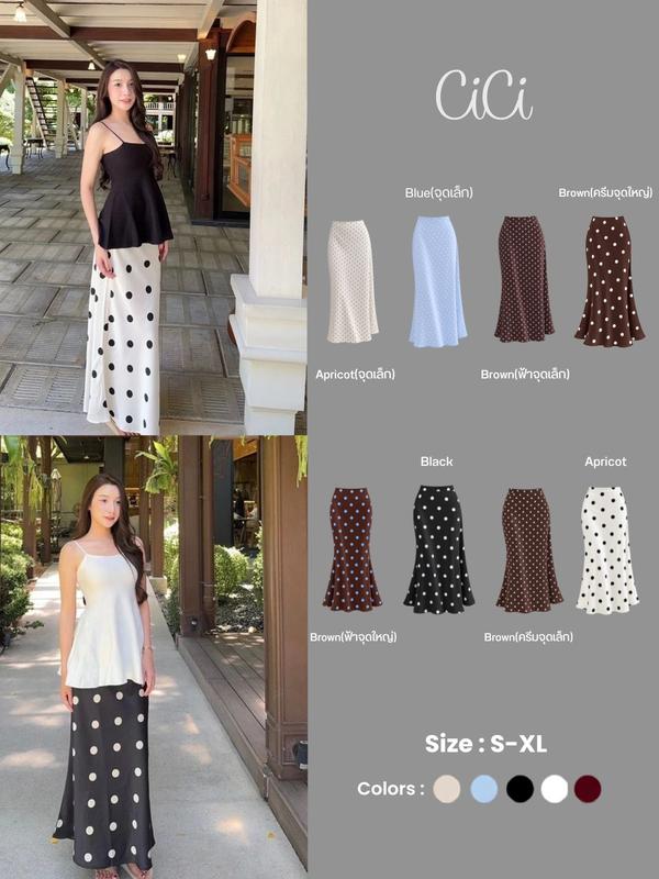 Cicishop(6033/6034/6035) กระโปรงยาวผ้าซาติน ดีเทลพิมพ์ลายจุด มีซิบข้าง ใส่วันสบายๆสไตล์เกาหลี